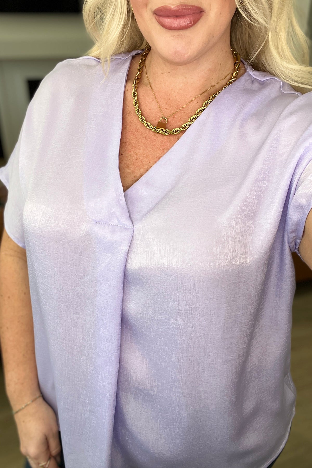 Hazel Blues® |  Pleat Front V-Neck Top in Lavender