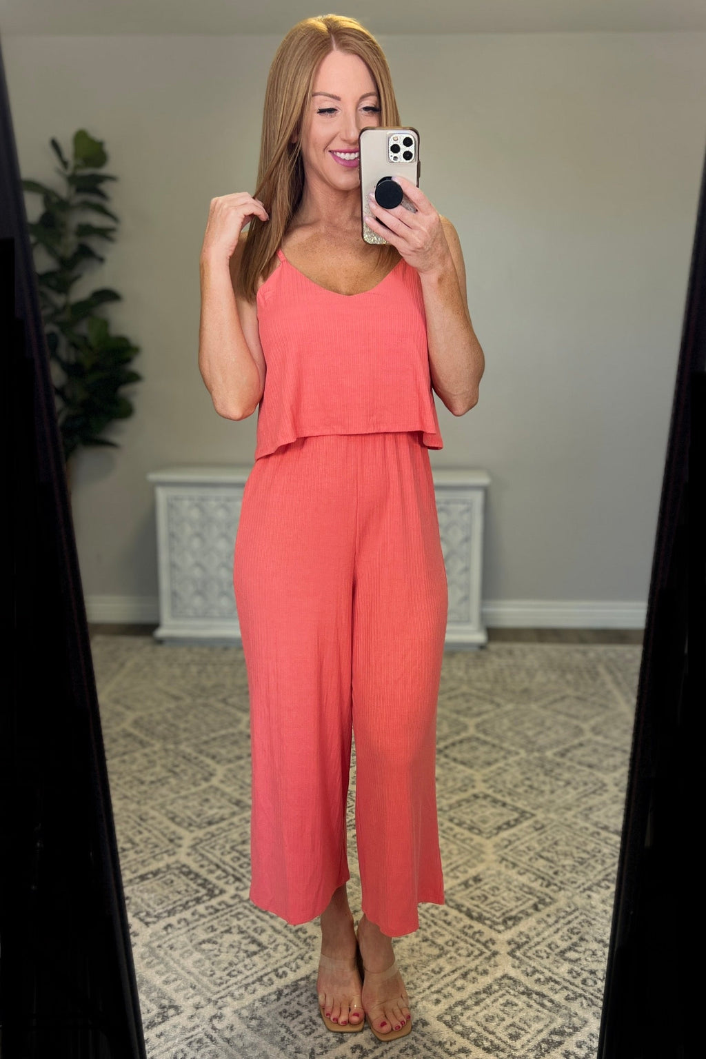 Hazel Blues® |  Ribbed Double Layer Jumpsuit in Deep Coral