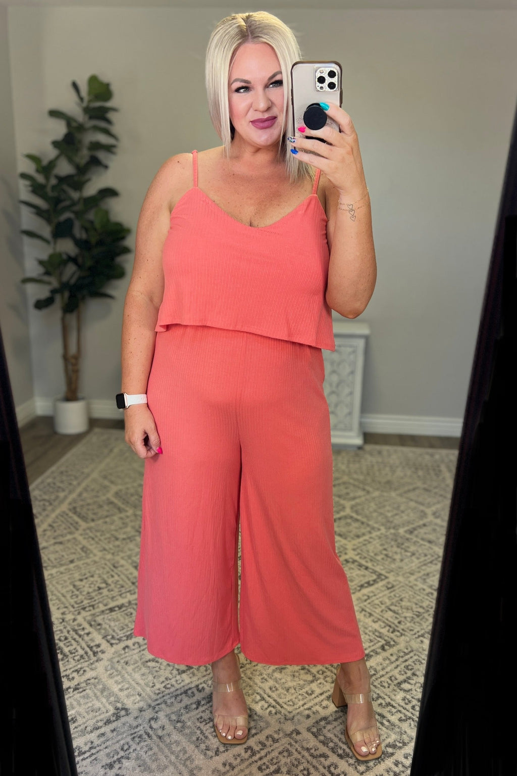 Hazel Blues® |  Ribbed Double Layer Jumpsuit in Deep Coral