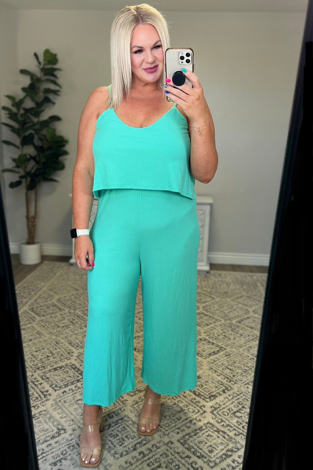 Hazel Blues® |  Ribbed Double Layer Jumpsuit in Mint