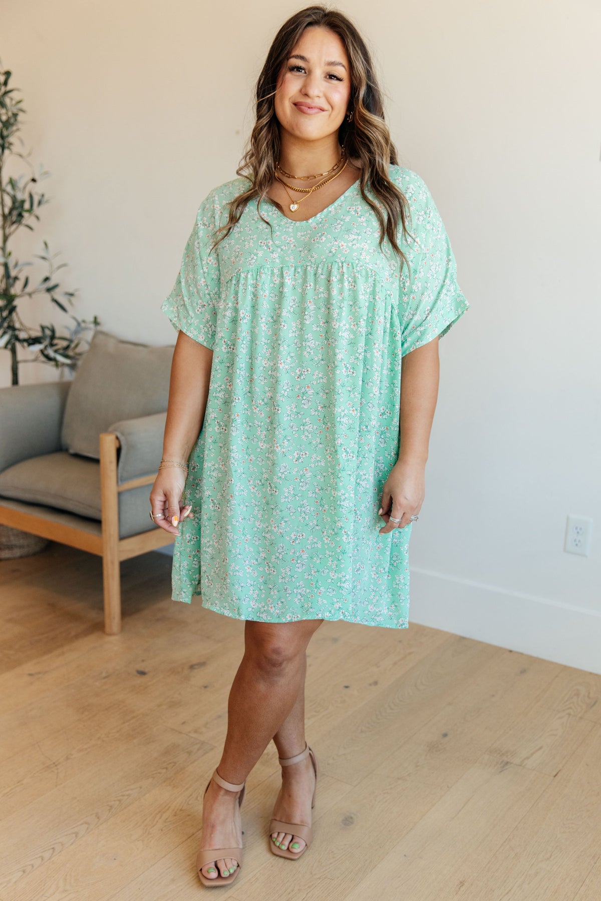 Hazel Blues® |  Rodeo Lights Dolman Sleeve Dress in Mint Floral