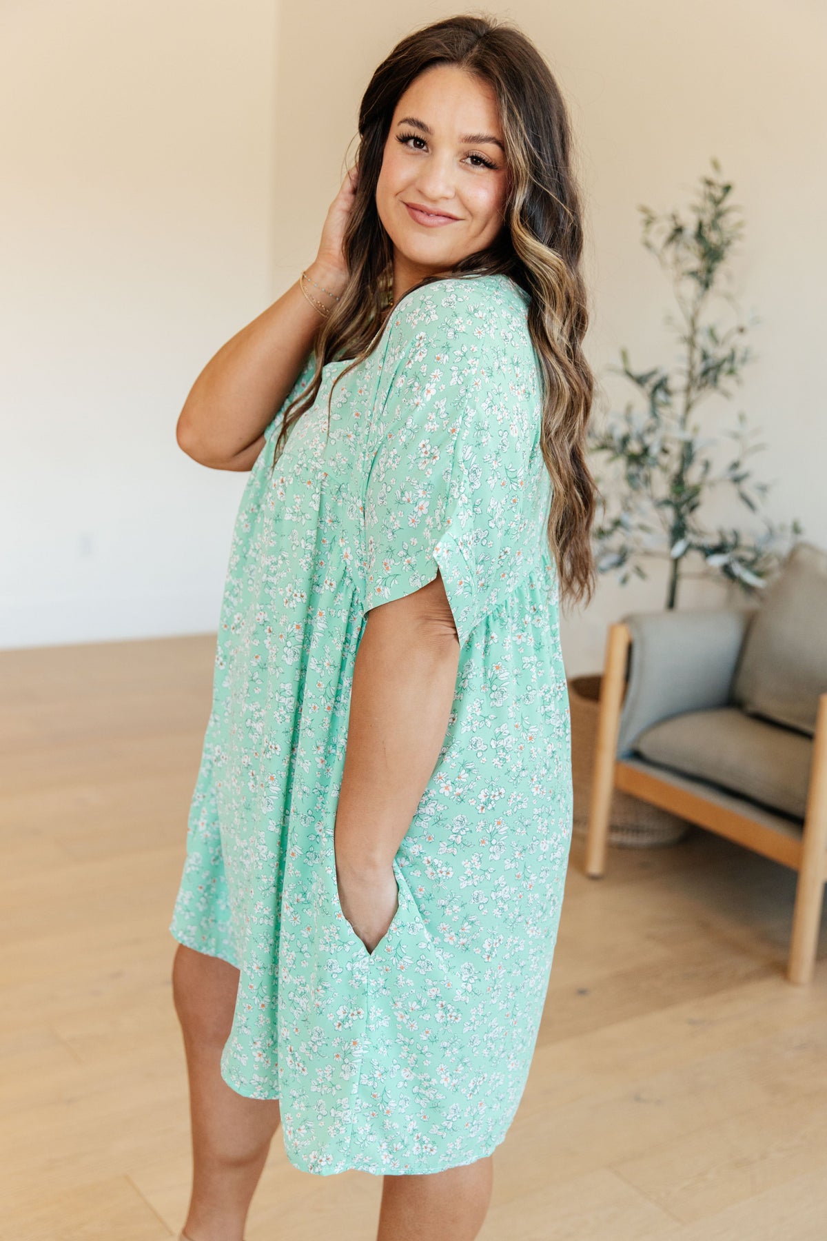 Hazel Blues® |  Rodeo Lights Dolman Sleeve Dress in Mint Floral