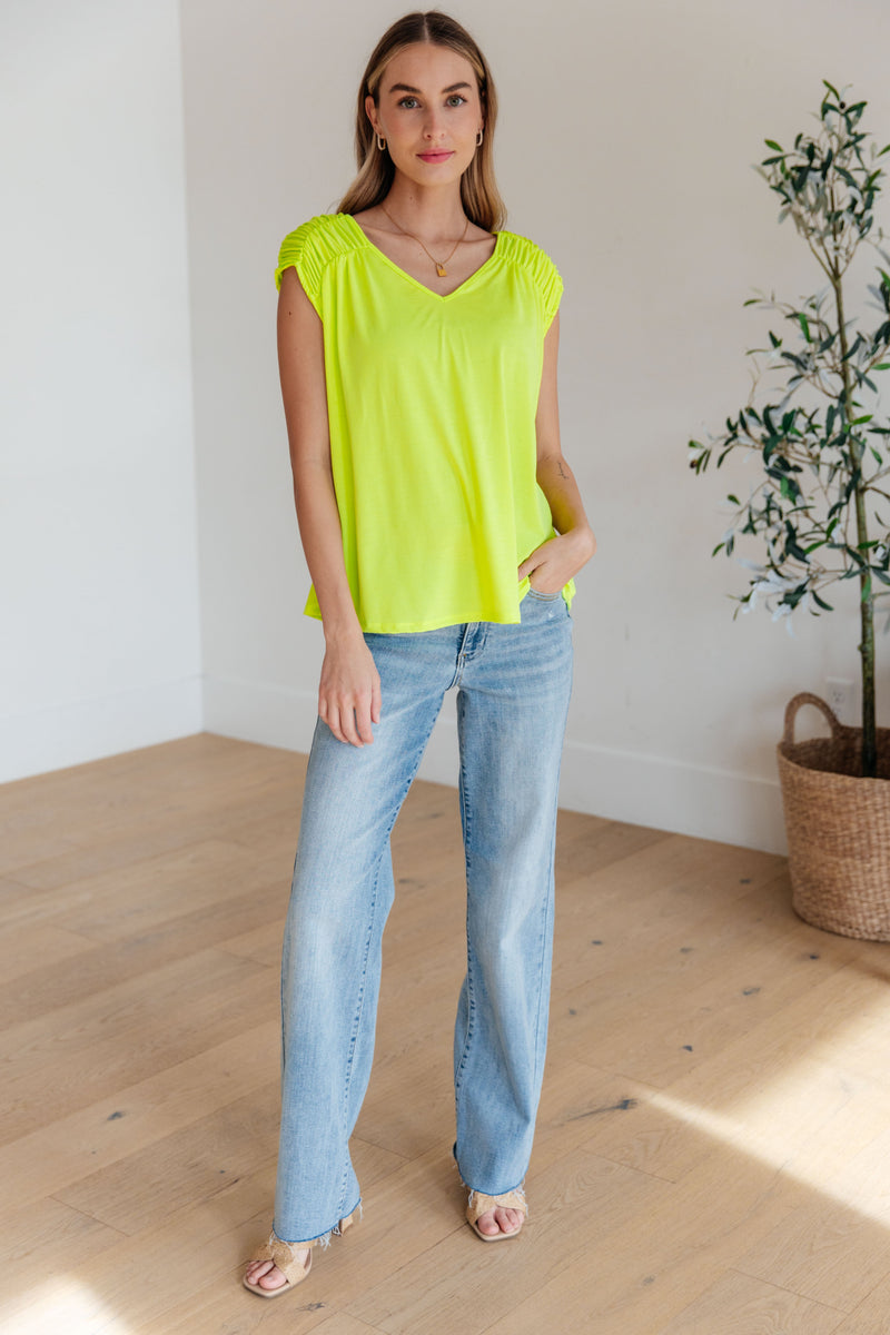 Hazel Blues® |  Ruched Cap Sleeve Top in Neon Green