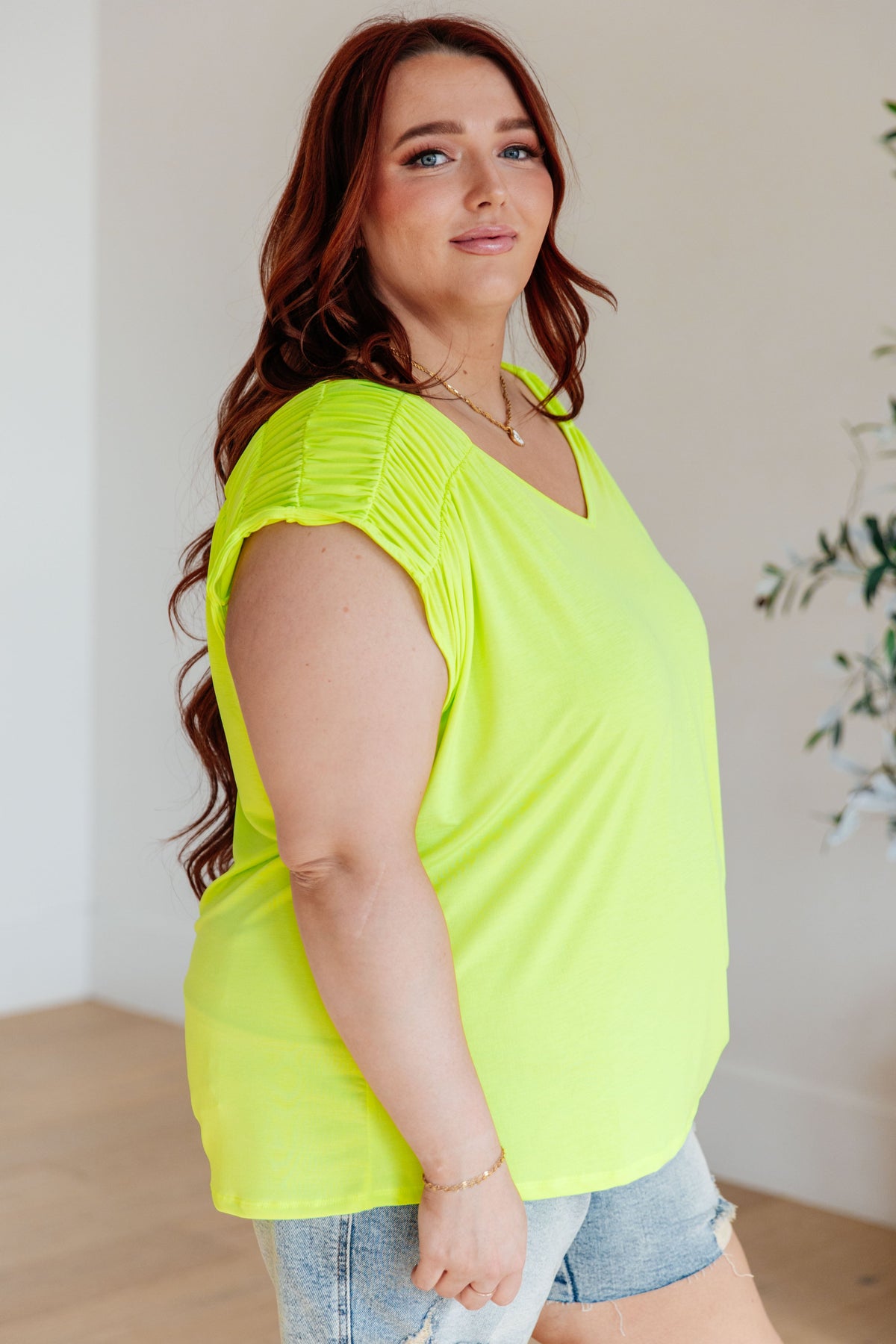 Hazel Blues® |  Ruched Cap Sleeve Top in Neon Green