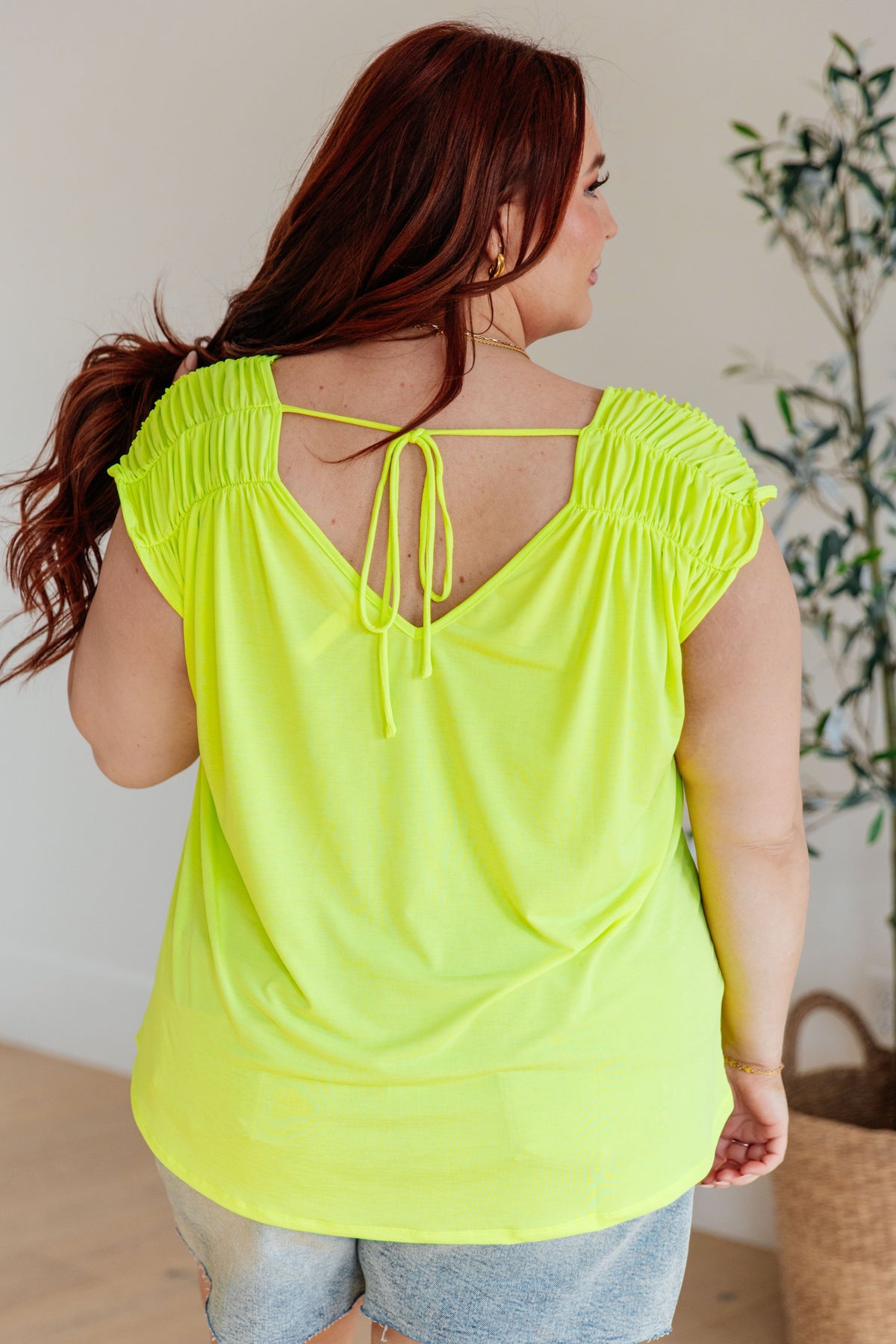 Hazel Blues® |  Ruched Cap Sleeve Top in Neon Green