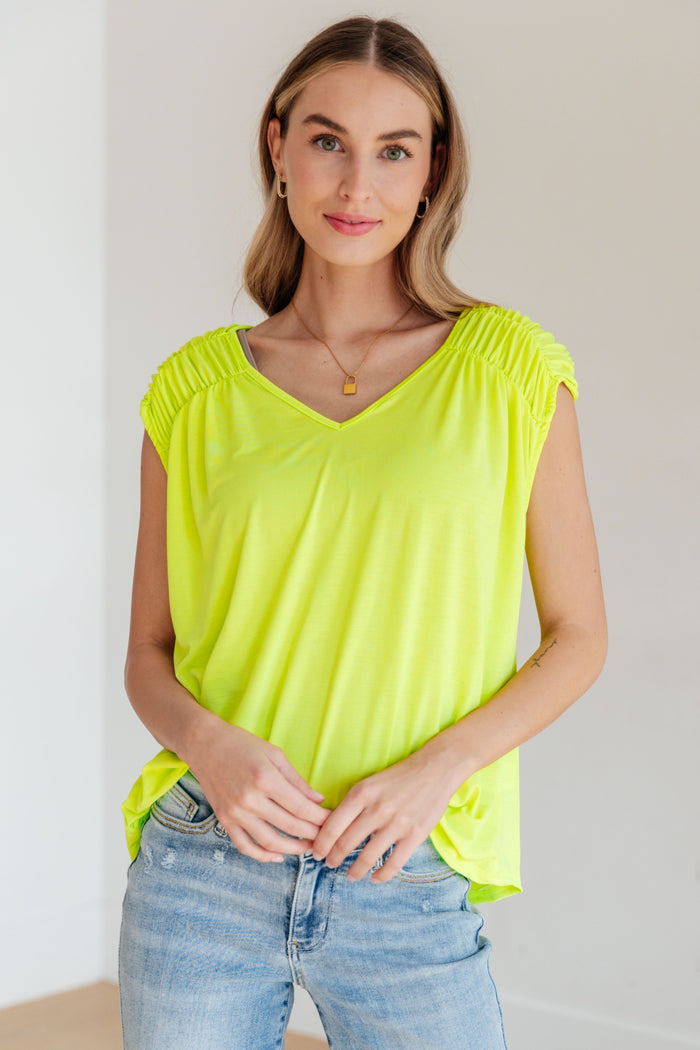 Hazel Blues® |  Ruched Cap Sleeve Top in Neon Green