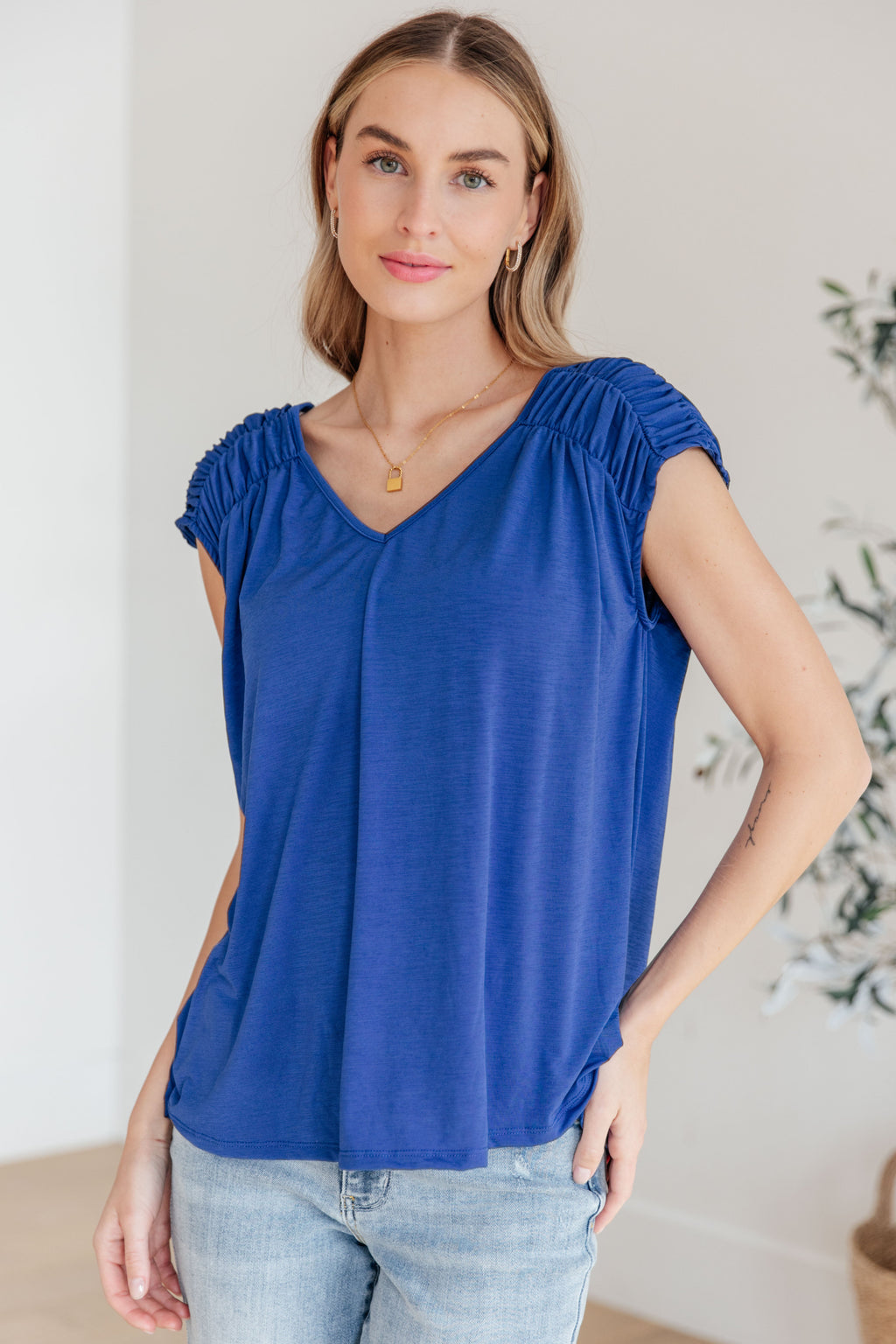 Hazel Blues® |  Ruched Cap Sleeve Top in Royal Blue