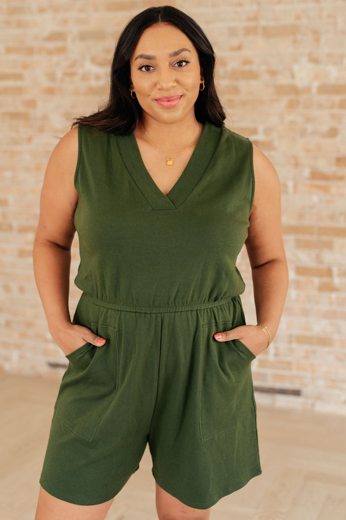 Hazel Blues® |  Sleeveless V-Neck Romper in Army Green