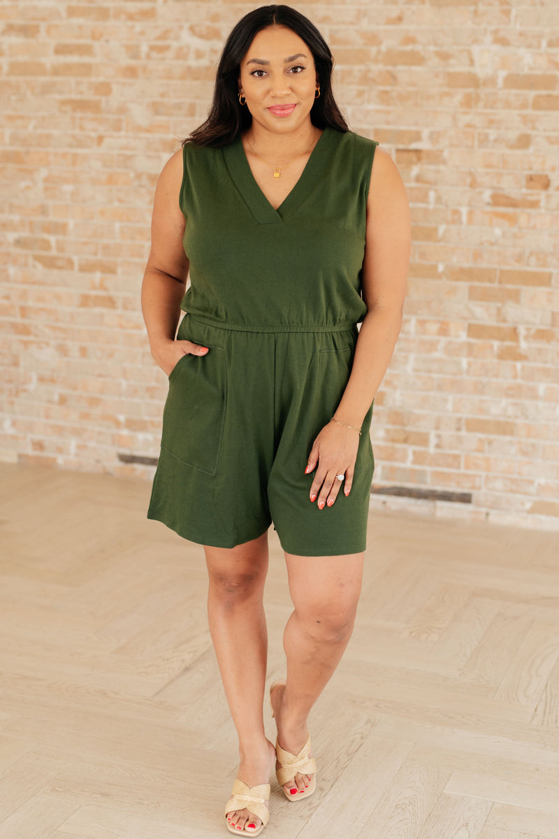 Hazel Blues® |  Sleeveless V-Neck Romper in Army Green