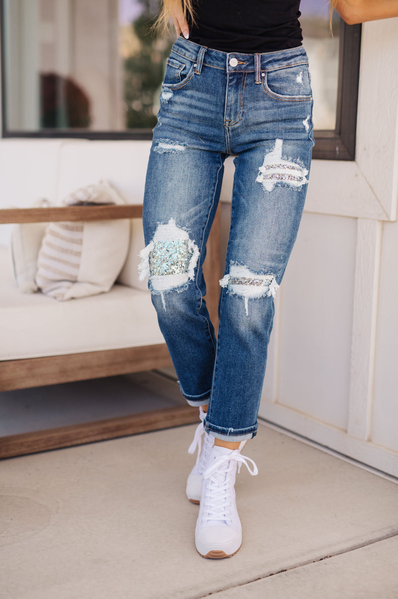 Hazel Blues® |  Suki Mid Rise Sequin Patch Tapered Jeans