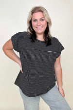 Hazel Blues® |  Cotton Bleu Striped Casual Top With Contrast Pocket Detailed