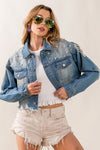 Hazel Blues® |  BiBi Pearl Detail Distressed Cropped Denim Jacket