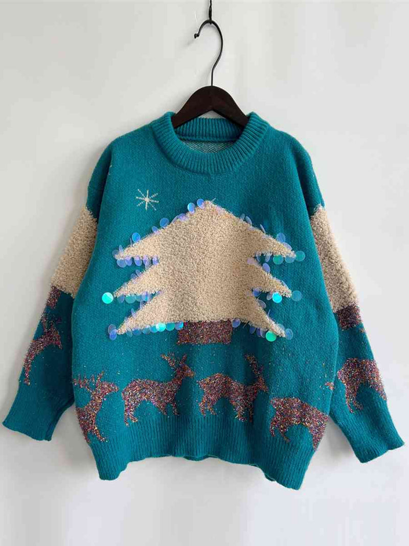 Hazel Blues® |  Sequin Christmas Tree & Reindeer Round Neck Sweater