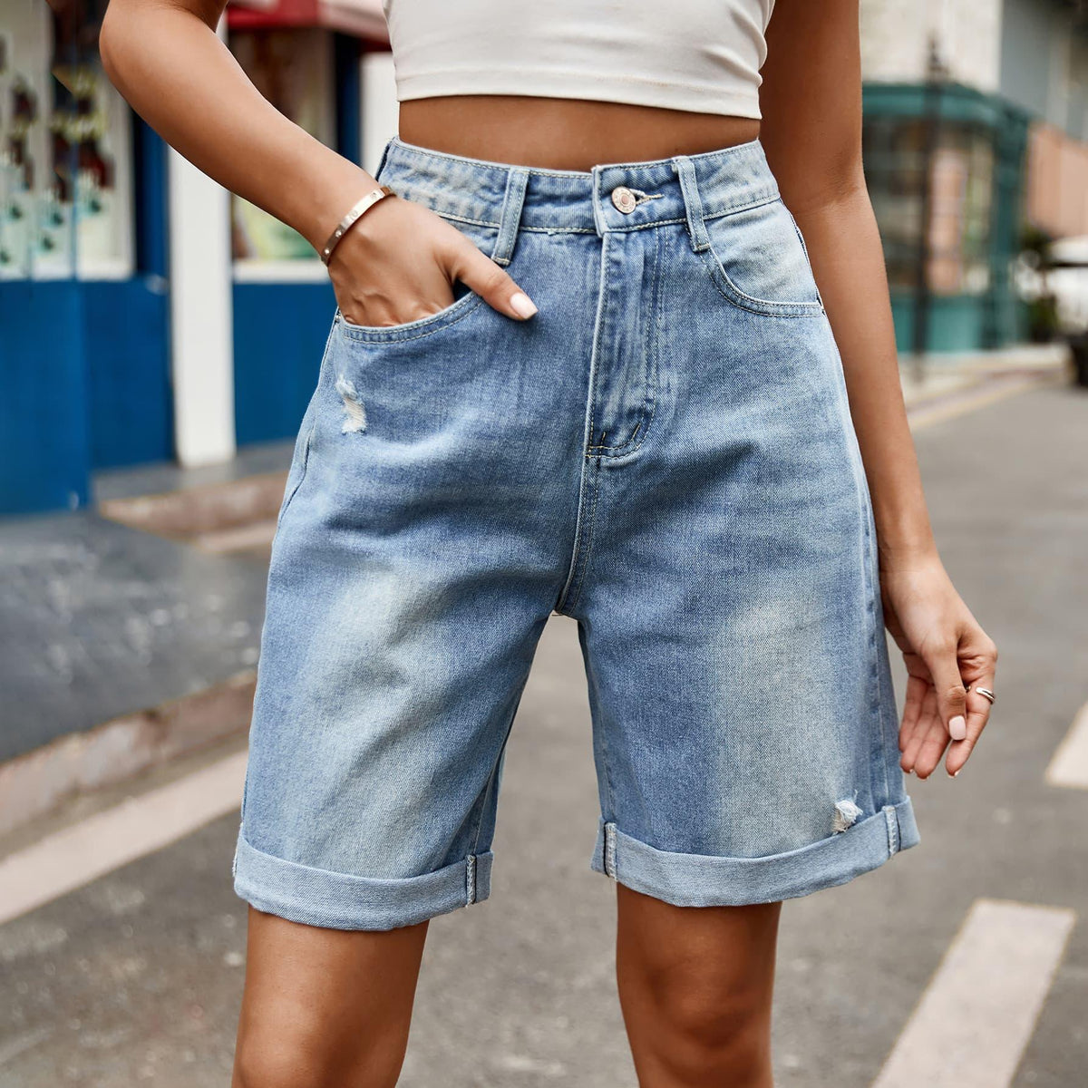 Hazel Blues® | Distressed Buttoned Denim Shorts with Pockets - Hazel Blues®