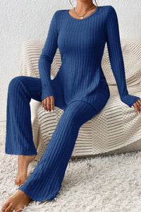 Hazel Blues® |  Ribbed Long Sleeve Slit Top and Bootcut Pants Set