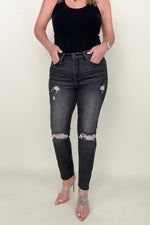 Hazel Blues® |  Risen High Rise Slim Straight Cropped Raw Hem Jeans