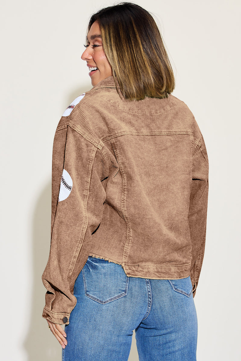 Hazel Blues® |  Baseball Sequin Dropped Shoulder Raw Hem Jacket