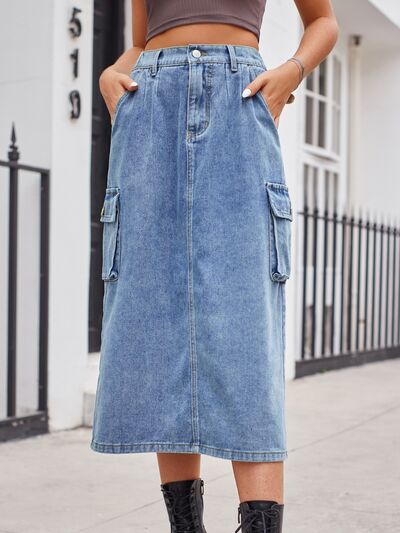 Hazel Blues® |  Slit Buttoned Denim Skirt with Pockets