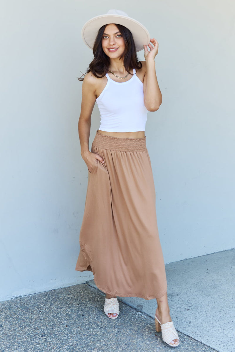 Hazel Blues® |  Doublju Comfort Princess High Waist Scoop Hem Maxi Skirt in Tan