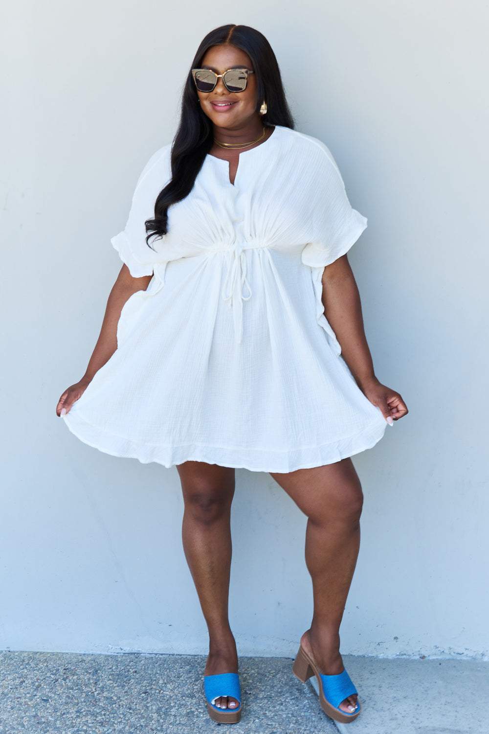 Hazel Blues® |  Ninexis Out Of Time Ruffle Hem Dress with Drawstring Waistband in White