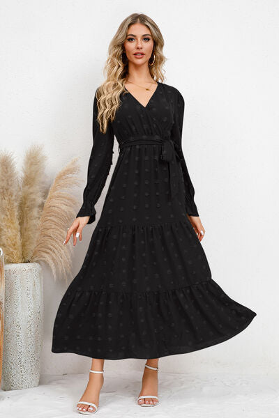 knee length dresses for ladies Swiss Dot Tied Surplice Flounce Sleeve Dress Cobald Blue / L