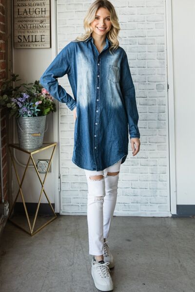 Hazel Blues® |  Veveret Pocketed Button Up Washed Denim Shirt