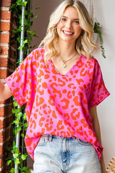 Hazel Blues® |  First Love Leopard V-Neck Short Sleeve Woven Top