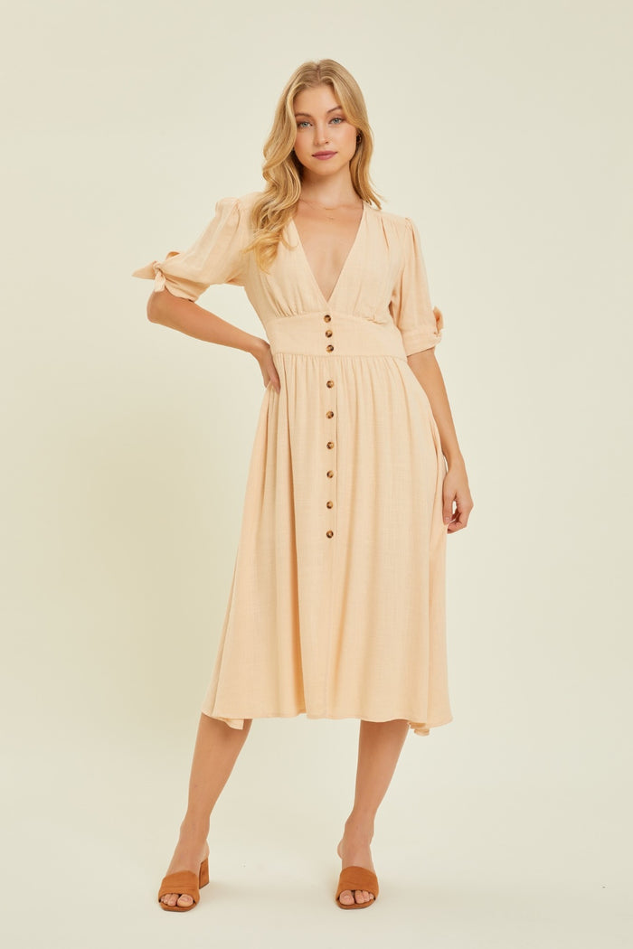 Hazel Blues® |  HEYSON Textured Linen V-Neck Button-Down Midi Dress