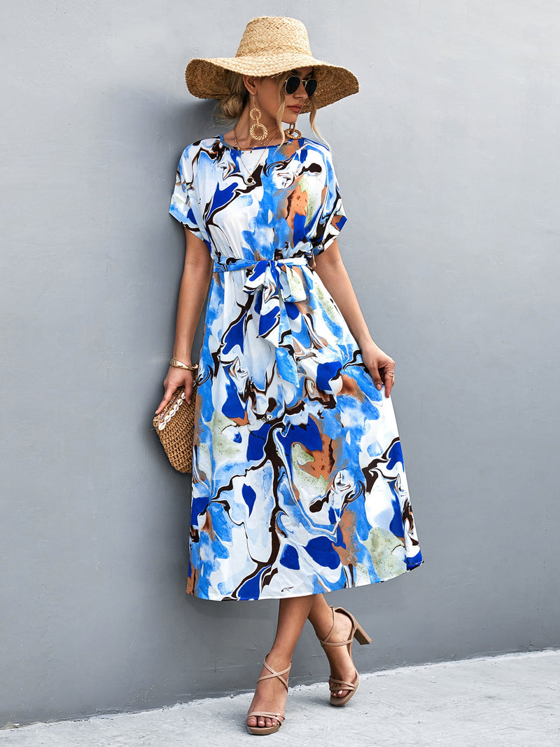 Hazel Blues® |  Round Neck Short Sleeve Tie Waist Midi Dress