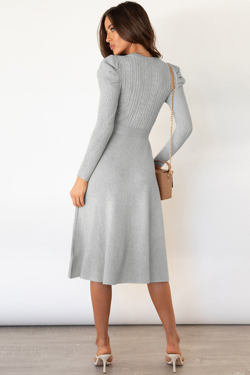 Round Neck Long Sleeve Tie Waist Sweater Dress Red Orange / M