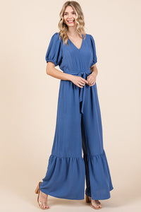 Hazel Blues® |  GeeGee V-Neck Belted Wide Leg Jumpsuit