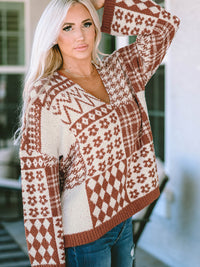 Hazel Blues® |  Printed V-Neck Long Sleeve Sweater