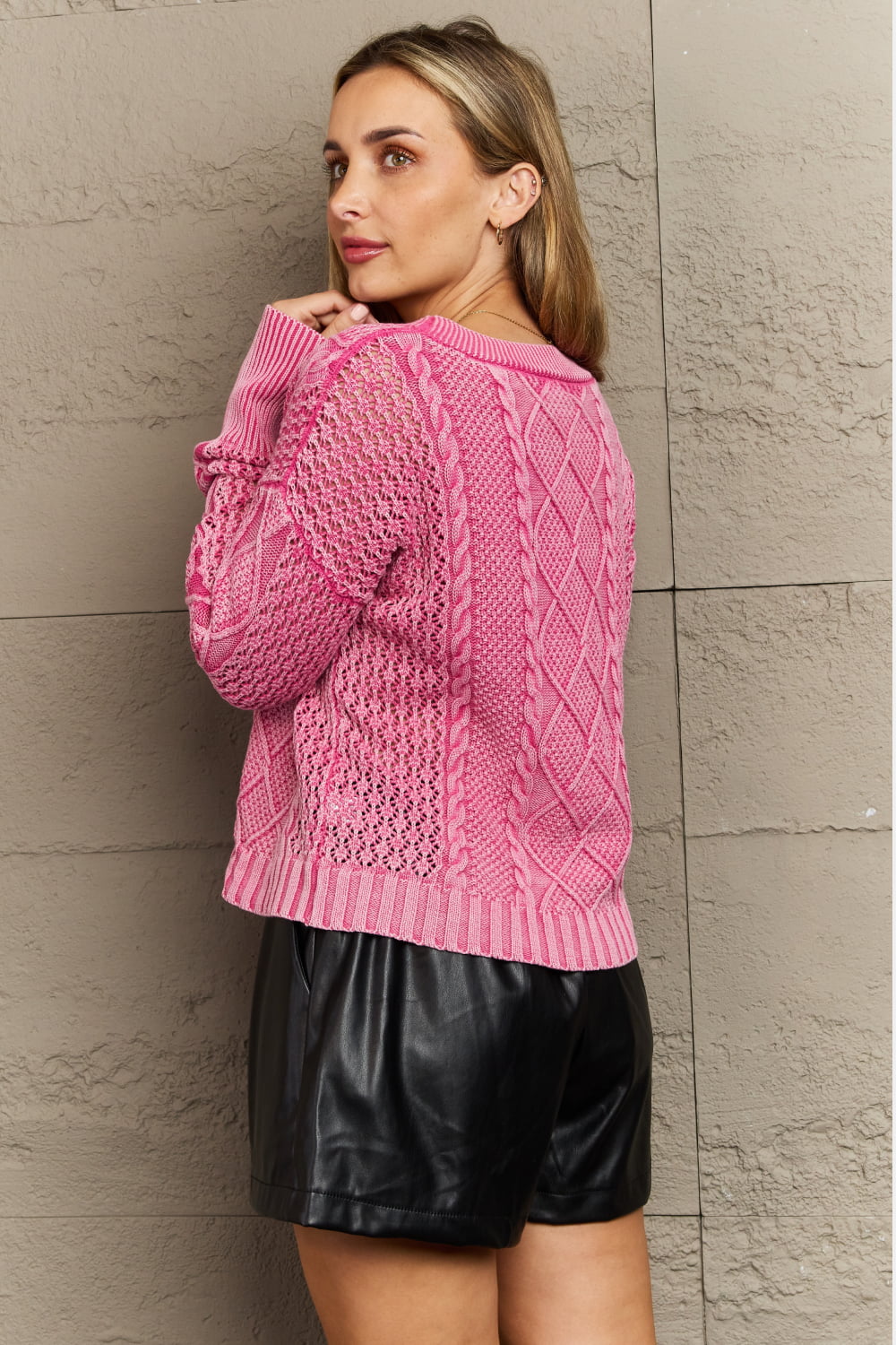 Hazel Blues® |  Soft Focus Wash Cable Knit Cardigan in Fuchsia