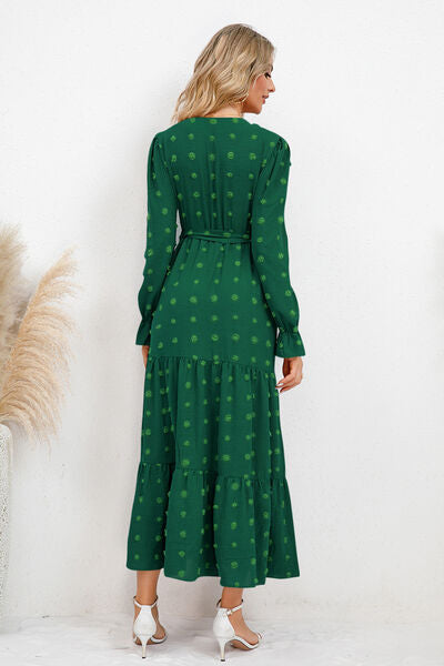Swiss Dot Tied Surplice Flounce Sleeve Dress Cobald Blue / L