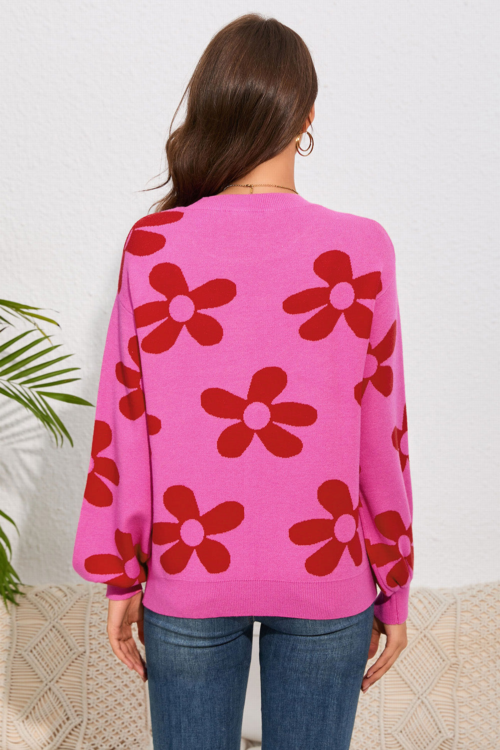 Hazel Blues® |  Floral Print Round Neck Dropped Shoulder Sweater