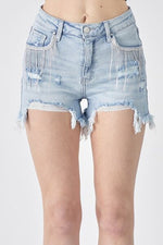 Hazel Blues® |  RISEN Frayed Hem Denim Shorts with Fringe Detail Pockets