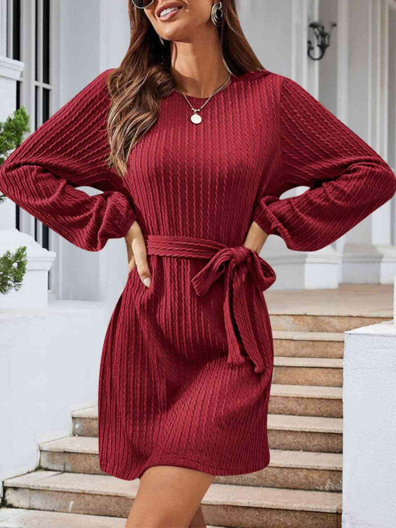 Hazel Blues® |  Round Neck Tie Front Long Sleeve Dress