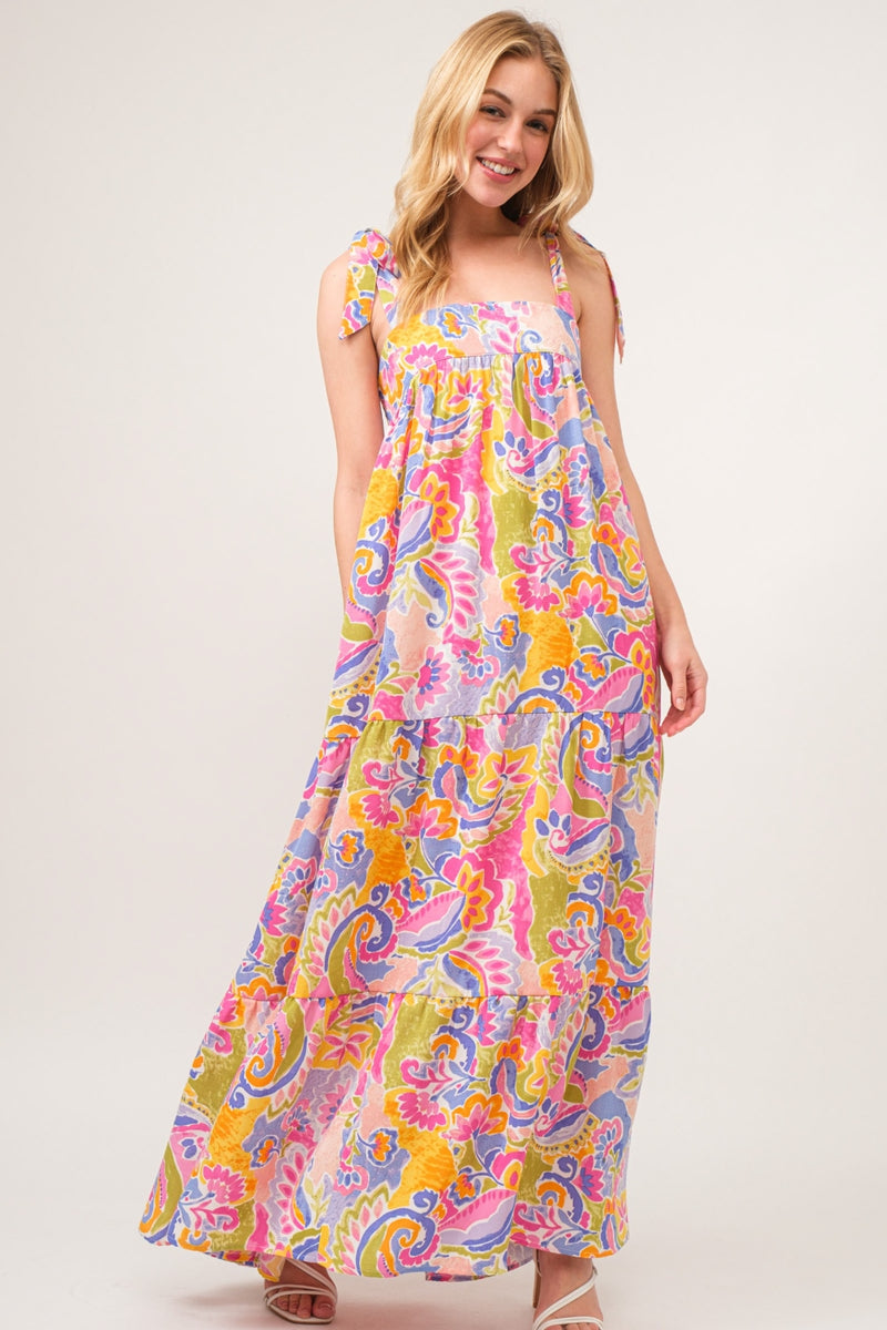 Hazel Blues® |  And The Why Printed Tie Shoulder Tiered Maxi Dress