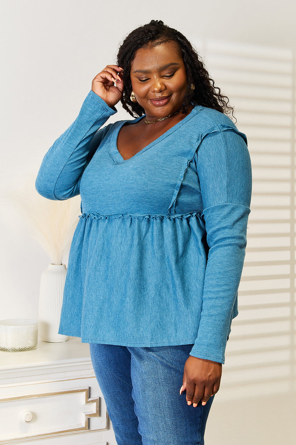 Hazel Blues® |  Jade By Jane Frill Trim Babydoll Blouse