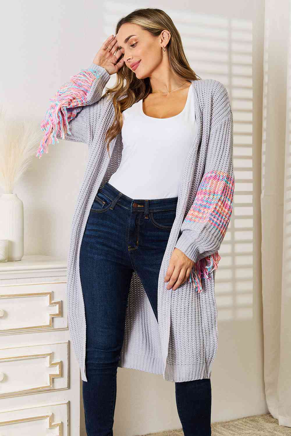 Hazel Blues® |  Woven Right Fringe Sleeve Dropped Shoulder Cardigan