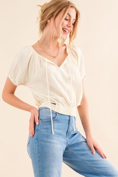 Hazel Blues® |  And The Why Cotton Gauze Back Waist Tie Cropped Blouse