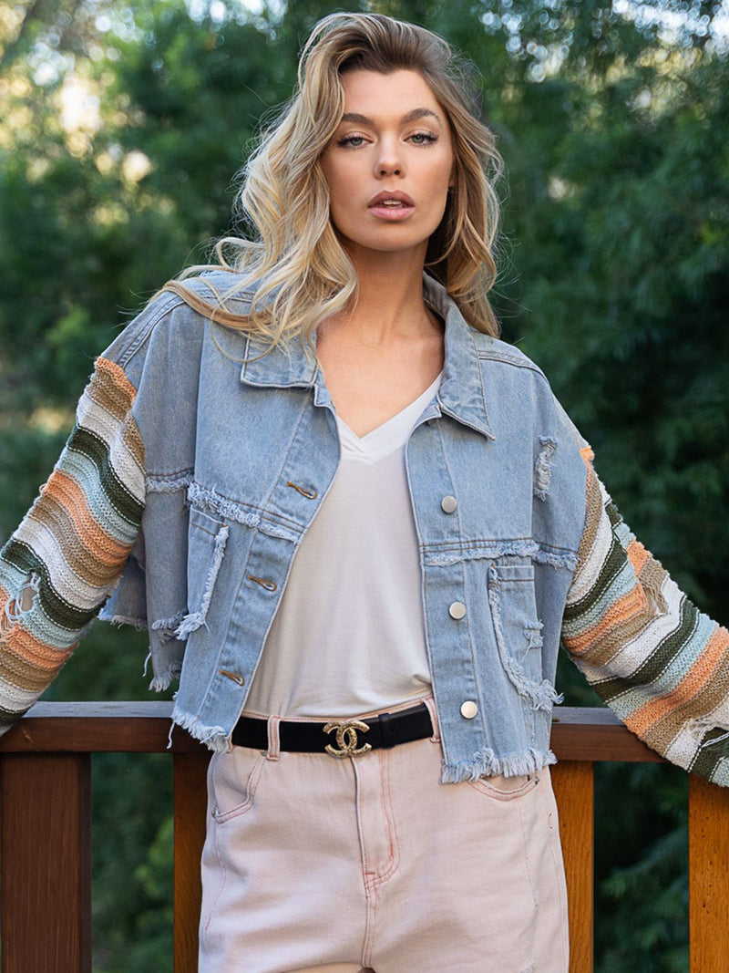 Hazel Blues® |  Distressed Striped Long Sleeve Denim Jacket