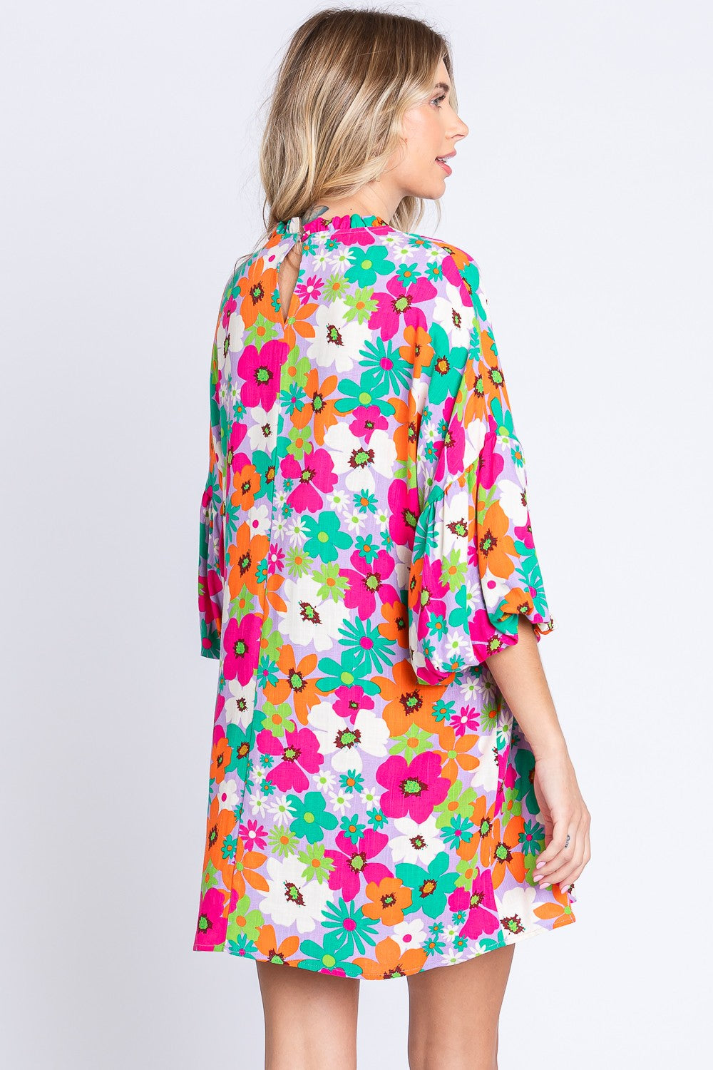 Hazel Blues® |  GeeGee Floral Round Neck Lantern Sleeve Mini Dress