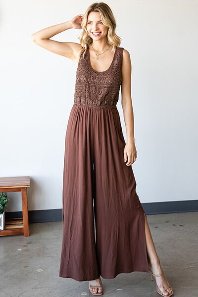 Hazel Blues® |  First Love Tie Back Sleeveless Slit Wide Leg Jumpsuit