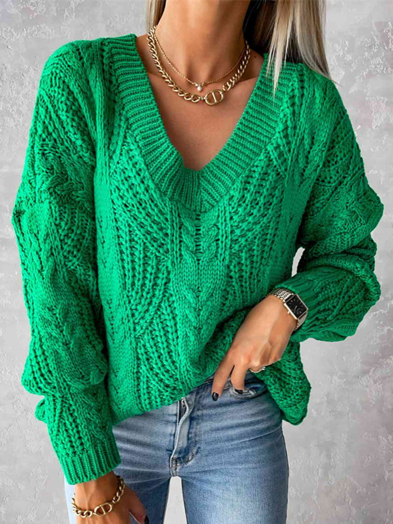 Hazel Blues® |  V-Neck Cable-Knit Long Sleeve Sweater