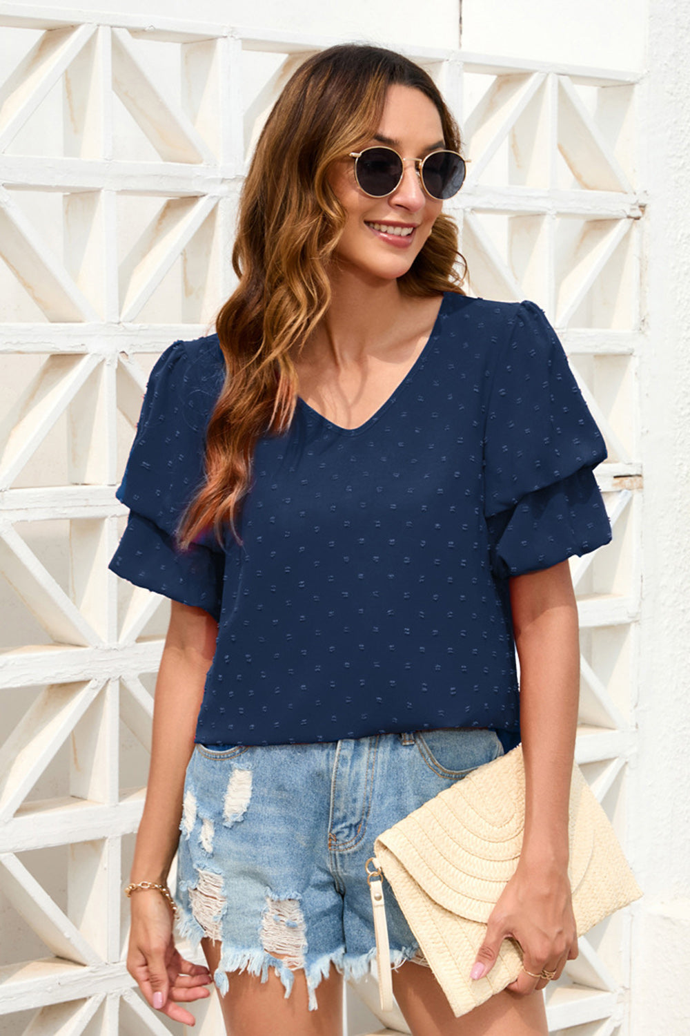 Hazel Blues® |  Swiss Dot V-Neck Short Sleeve Blouse