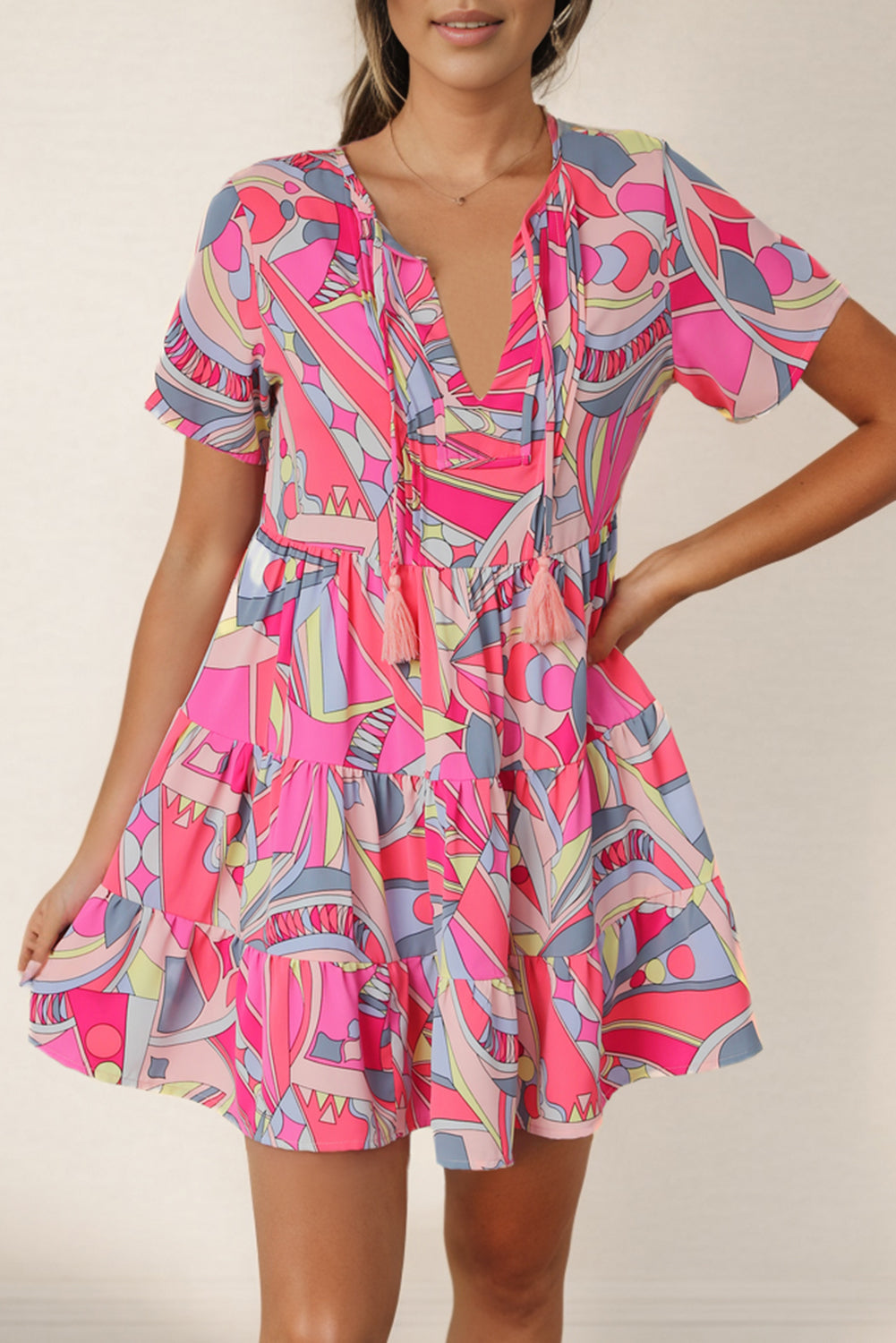 Hazel Blues® |  Multicolored Tie Neck Short Sleeve Tiered Dress