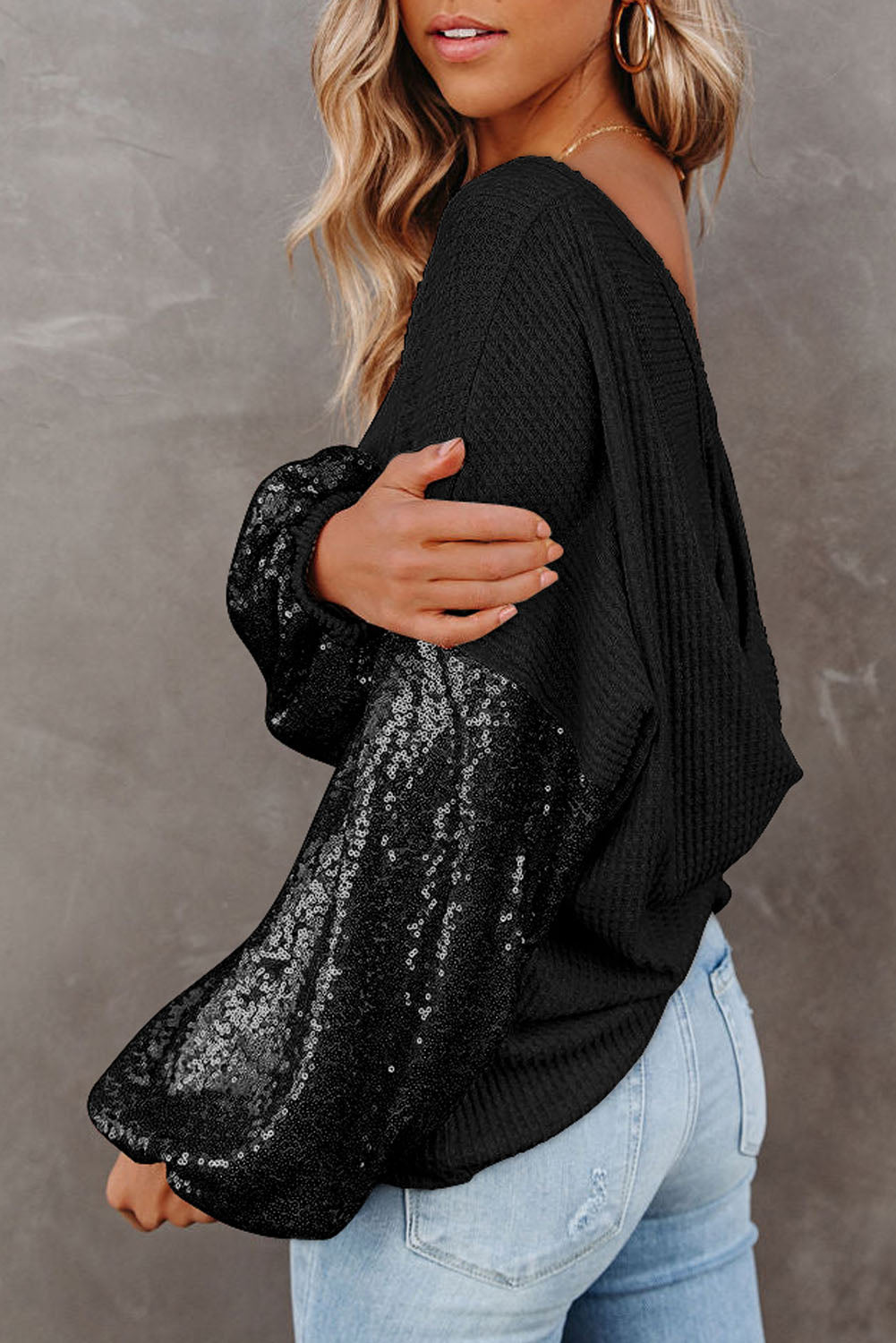 Hazel Blues® |  Sequin Waffle-Knit Blouse