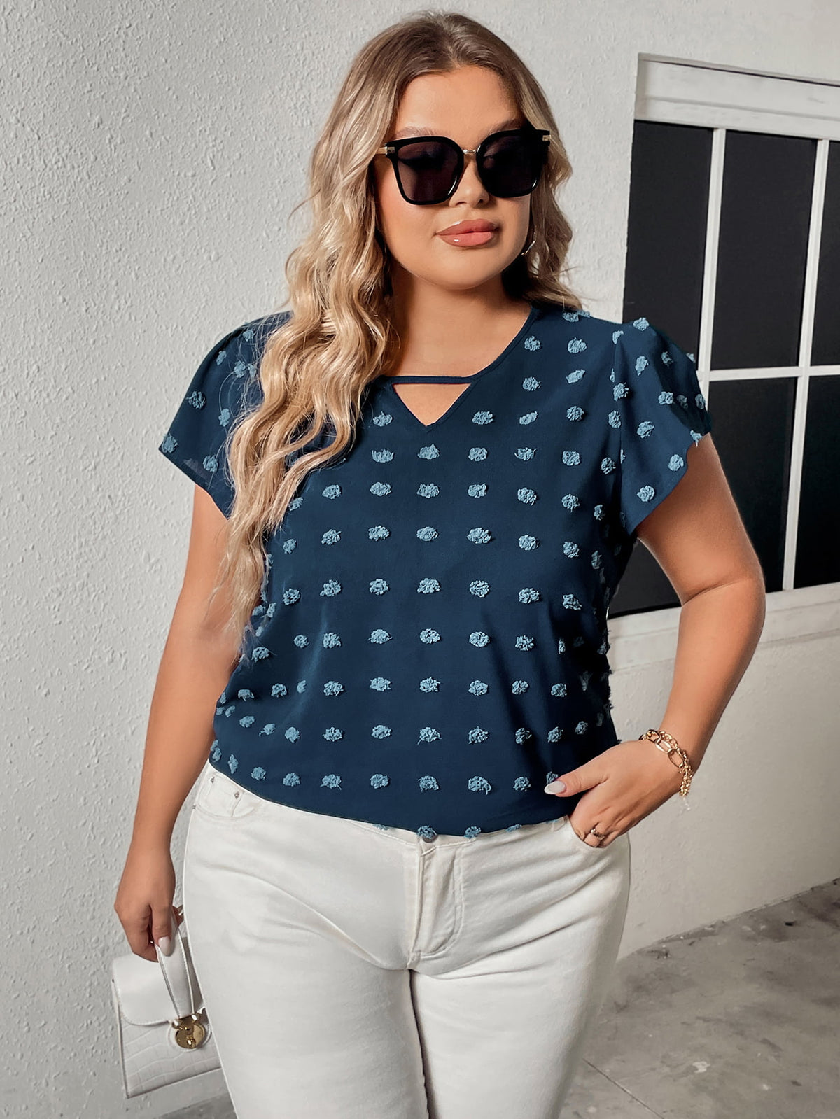 Hazel Blues® | Swiss Dot V-Neck Flutter Sleeve Tee