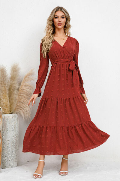 Hazel Blues® |  Swiss Dot Tied Surplice Flounce Sleeve Dress